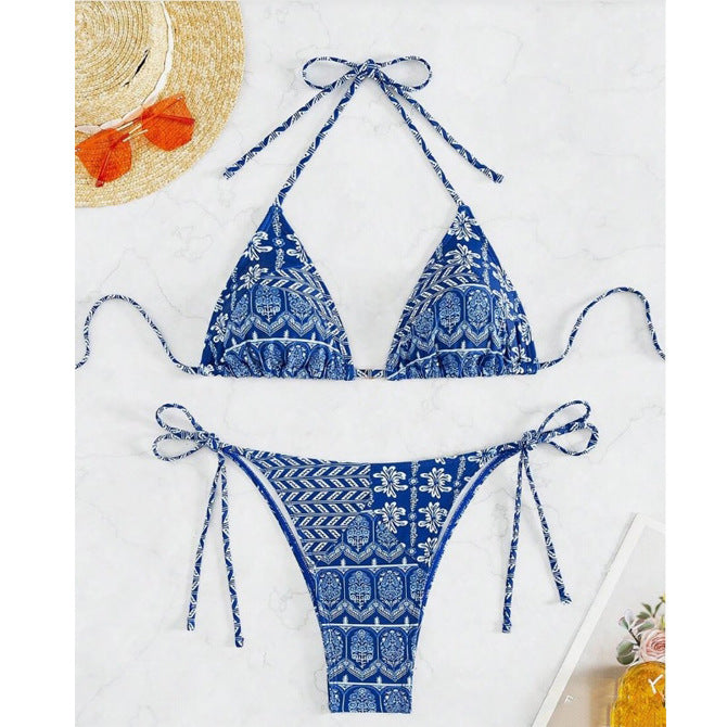 Fashionable Bandage Detail Split Bikini with Printed Stitching - Beachwear Beauty