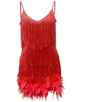 Feathered V-neck Lace Dress with Sling Style