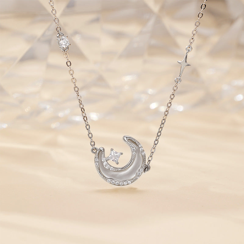 Celestial Dreams Diamond Necklace for Women - Star and Moon Design with White Shell