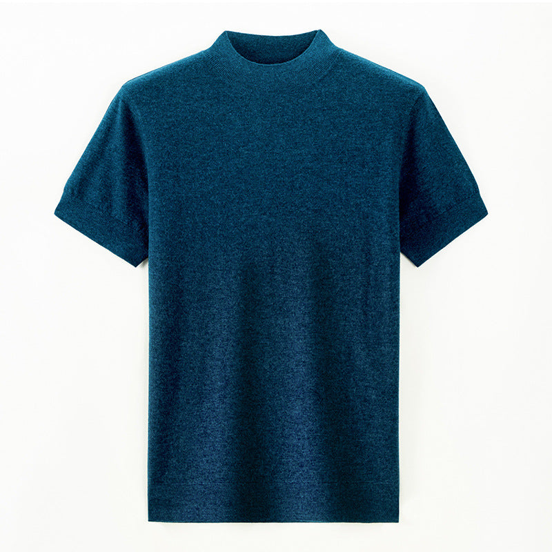 Short Sleeve Pure Wool Sweater for Men with Half Turtleneck