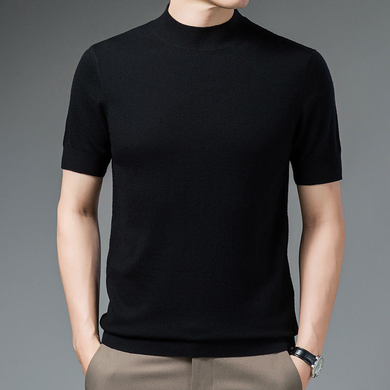 Short Sleeve Pure Wool Sweater for Men with Half Turtleneck