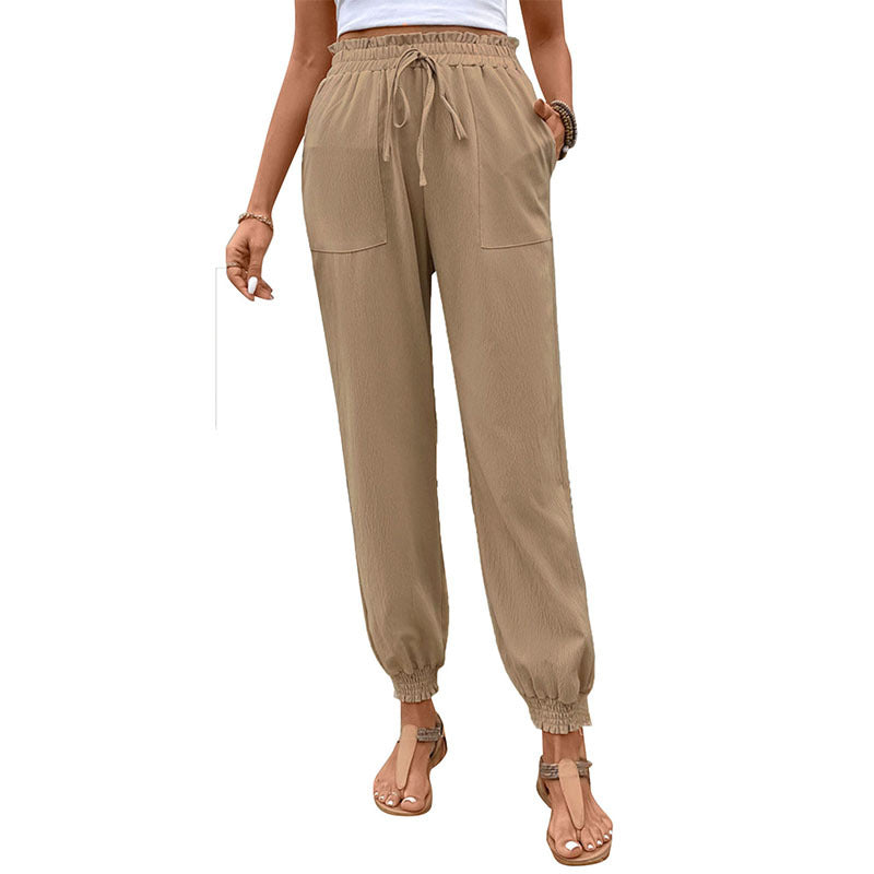 Khaki High Waist Lace-Up Skinny Trousers for Women