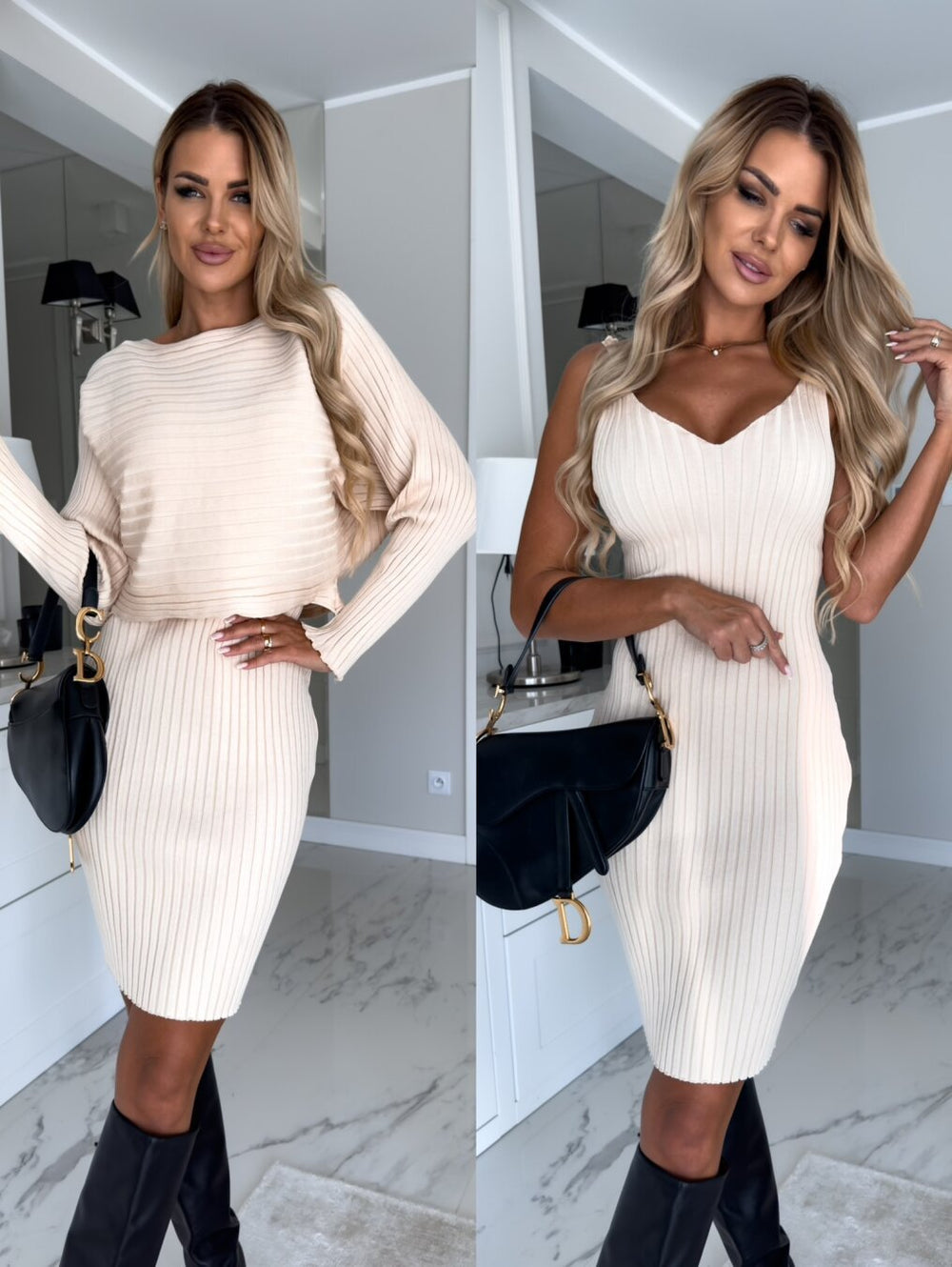 Chic Striped Long-sleeve Top with Suspender Skirt Set for Women