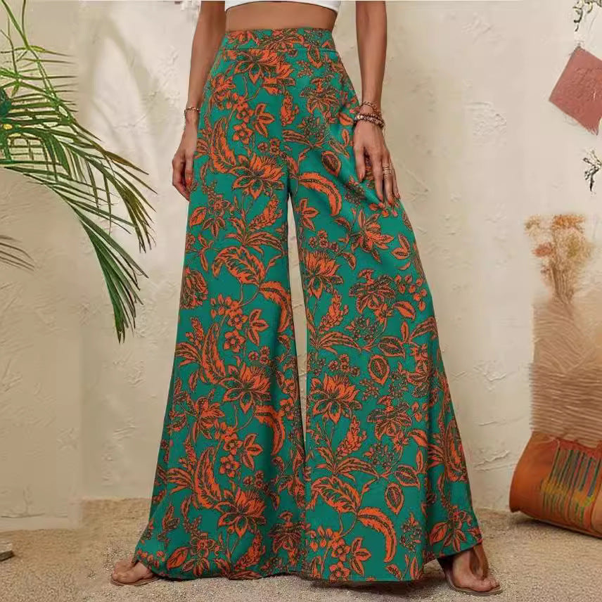 Floral Patterned High Waist Women's Wide Leg Trousers