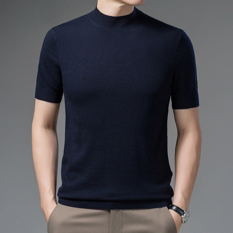 Short Sleeve Pure Wool Sweater for Men with Half Turtleneck