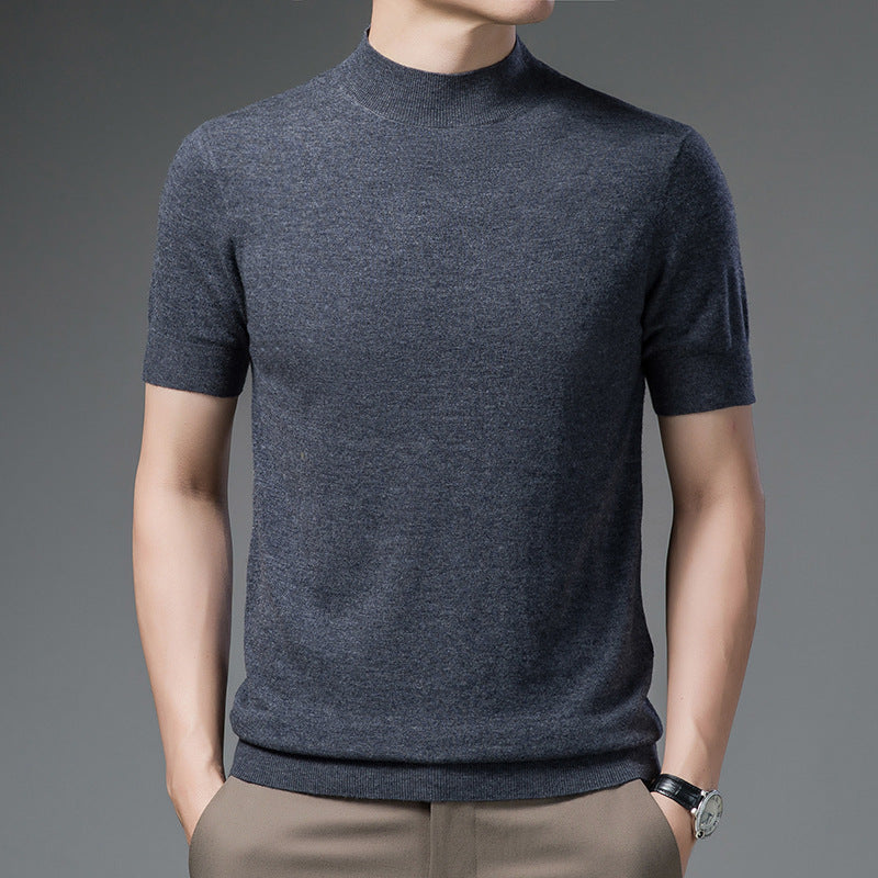 Short Sleeve Pure Wool Sweater for Men with Half Turtleneck