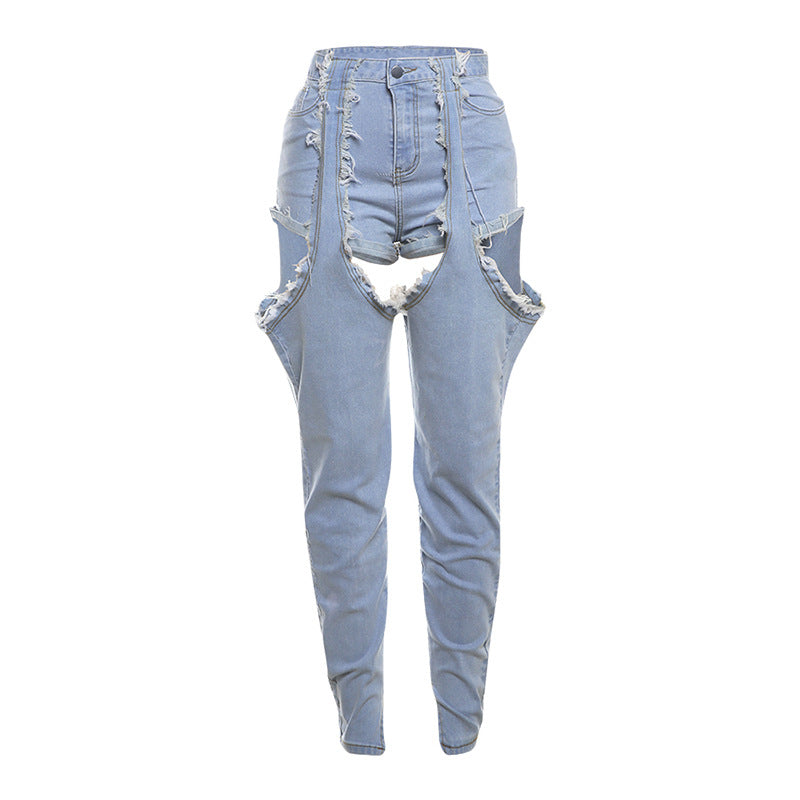 Women's Stylish High Waist Hollow-out Jeans in Light Blue