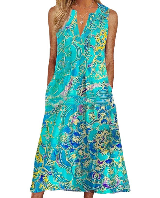 Women's Fashionable Printed Sleeveless V-neck Mid-length Loose Dress