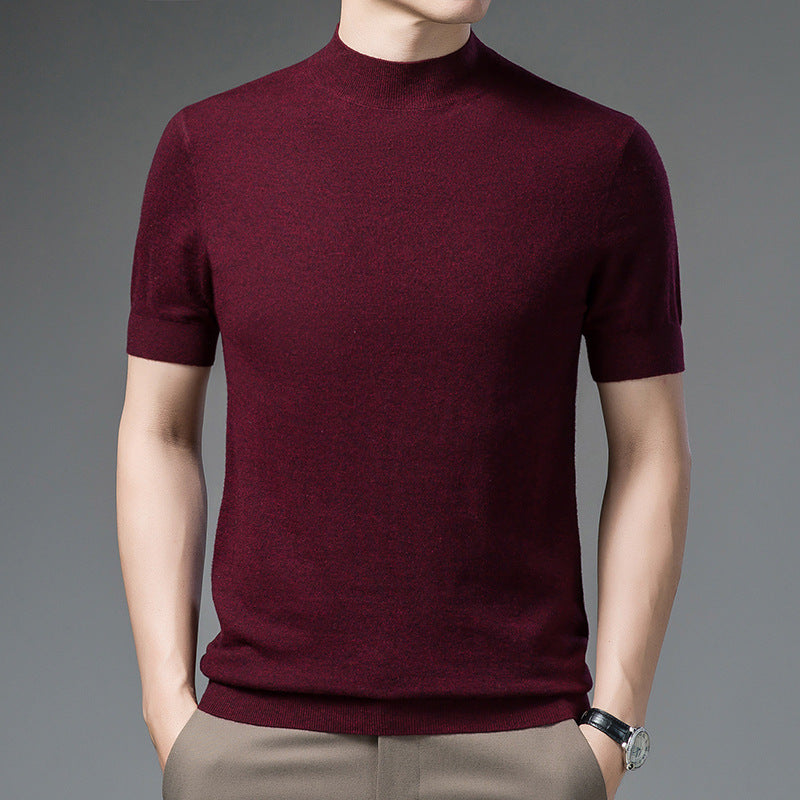 Short Sleeve Pure Wool Sweater for Men with Half Turtleneck