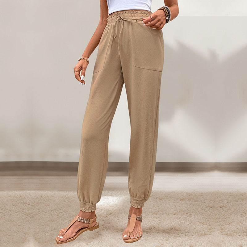 Khaki High Waist Lace-Up Skinny Trousers for Women