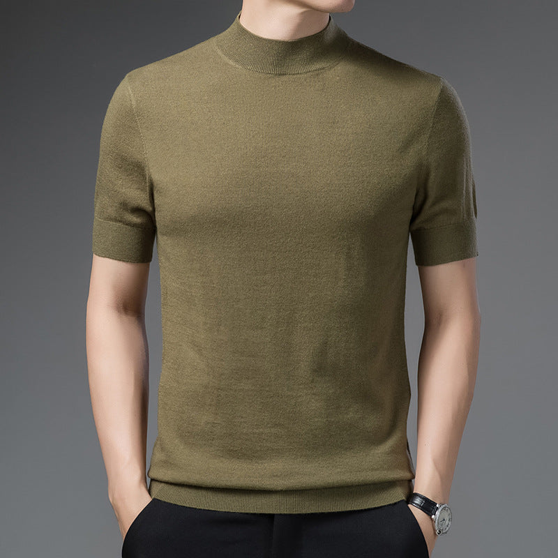 Short Sleeve Pure Wool Sweater for Men with Half Turtleneck