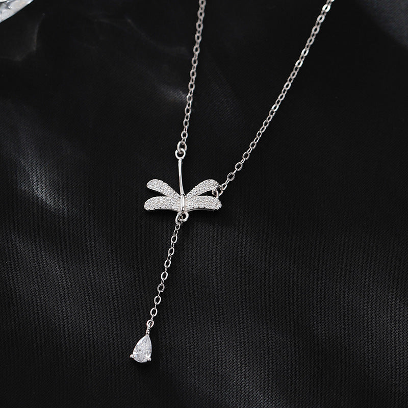 Sterling Silver Dragonfly Pendant Necklace with Water Drop Tassel for Women