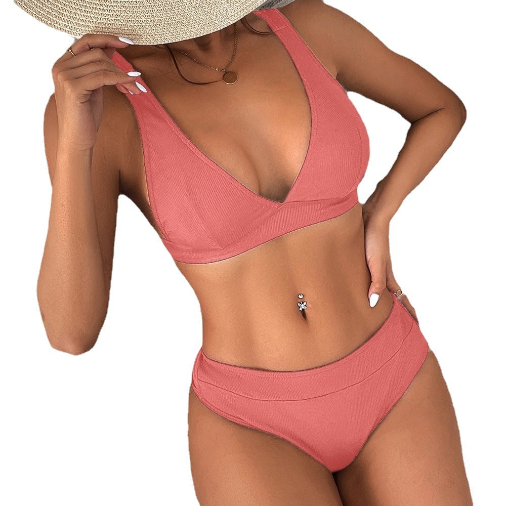 Ribbed Lace-up Split Bikini for Women