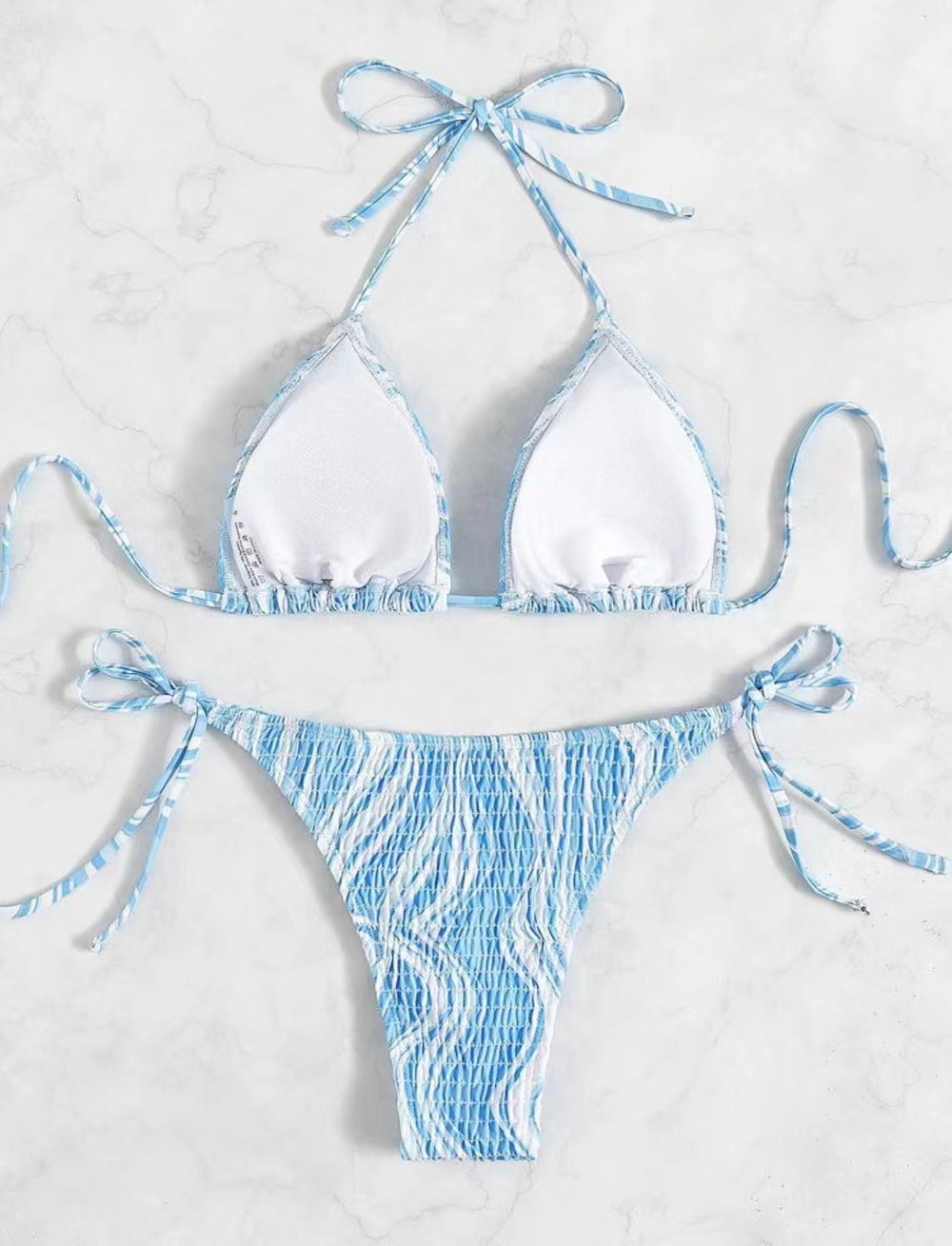 Smocking Lace-up Bikini Set with Gradient Detail