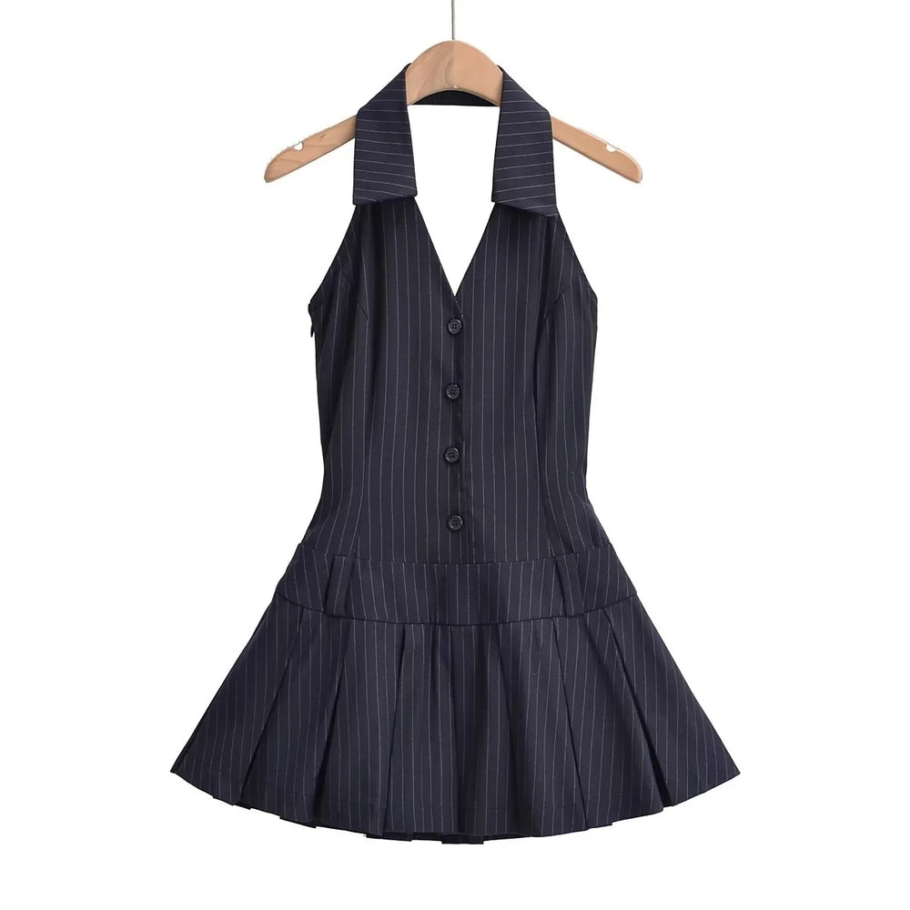 Artistic V-neck Halter Striped A- Line Skirt Low Waist Pleated Dress Slim Fit Slim Backless