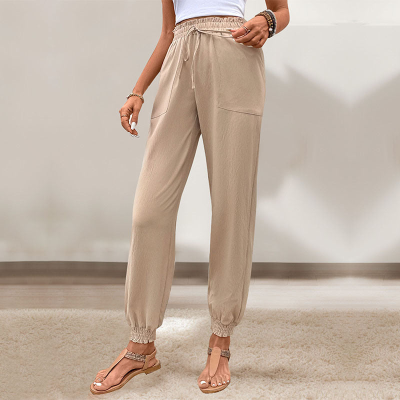 Khaki High Waist Lace-Up Skinny Trousers for Women