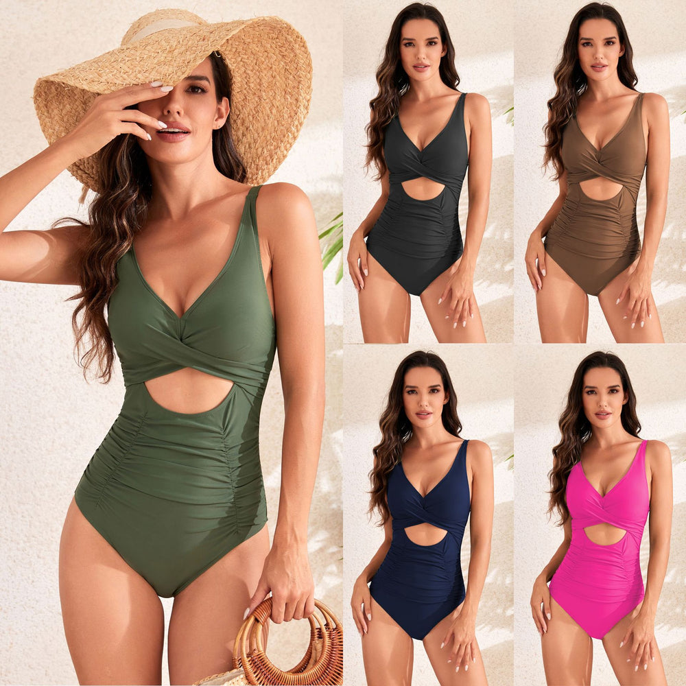 Cross Pack Pleating High Waist Swimsuit in Solid Color Palette