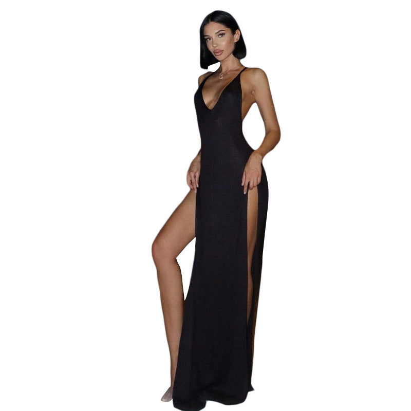 Women's Sling Backless Slim Fit Long Dress V-neck