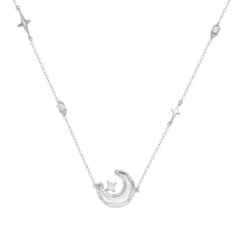 Celestial Dreams Diamond Necklace for Women - Star and Moon Design with White Shell