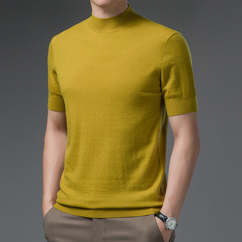 Short Sleeve Pure Wool Sweater for Men with Half Turtleneck