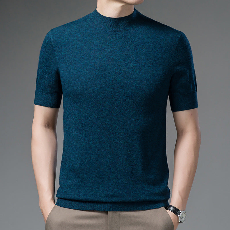 Short Sleeve Pure Wool Sweater for Men with Half Turtleneck