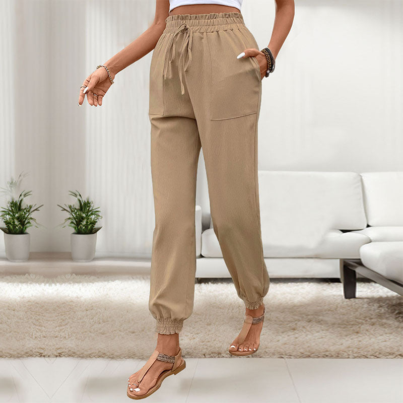 Khaki High Waist Lace-Up Skinny Trousers for Women