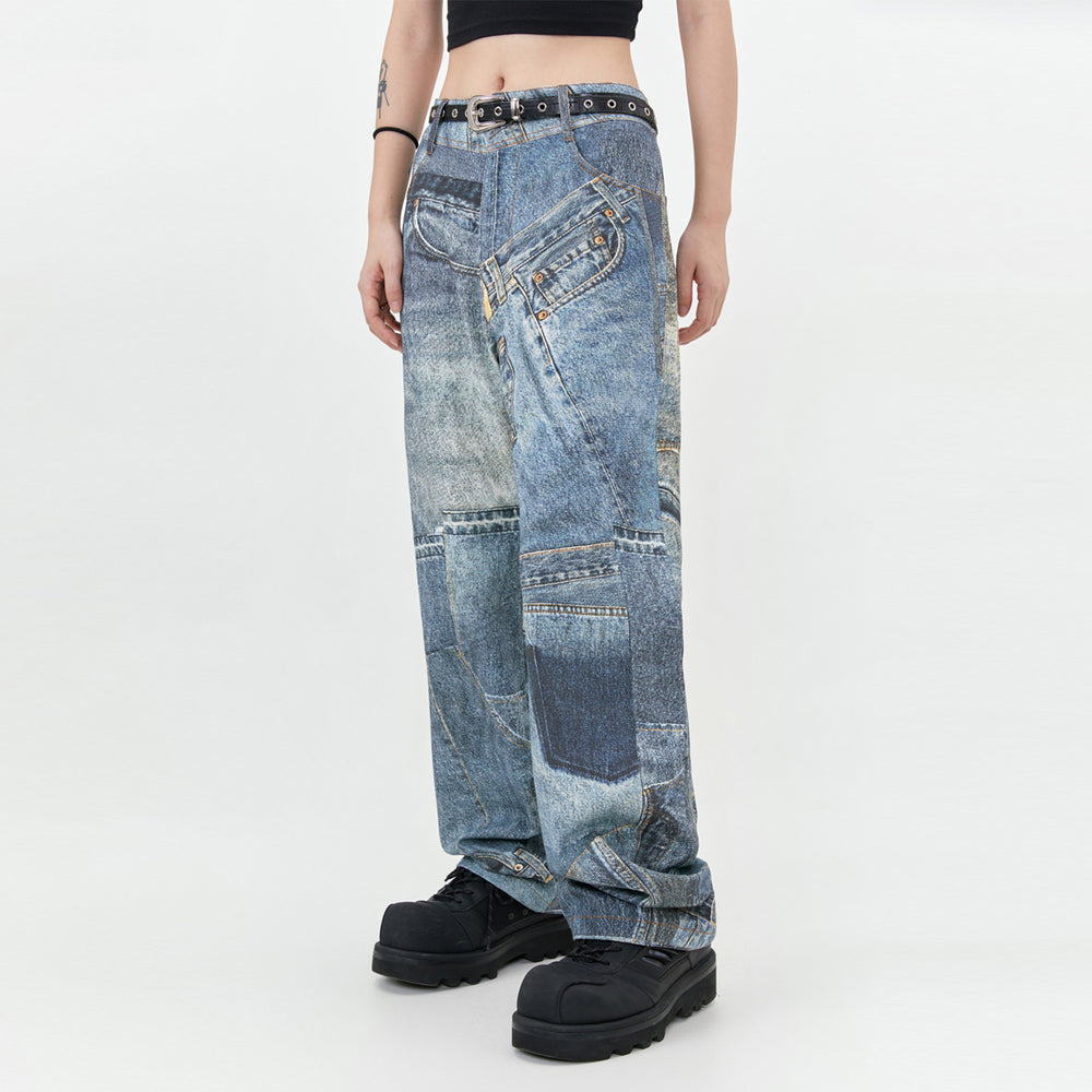 Youthful Blue Denim Casual Trousers with Digital Print