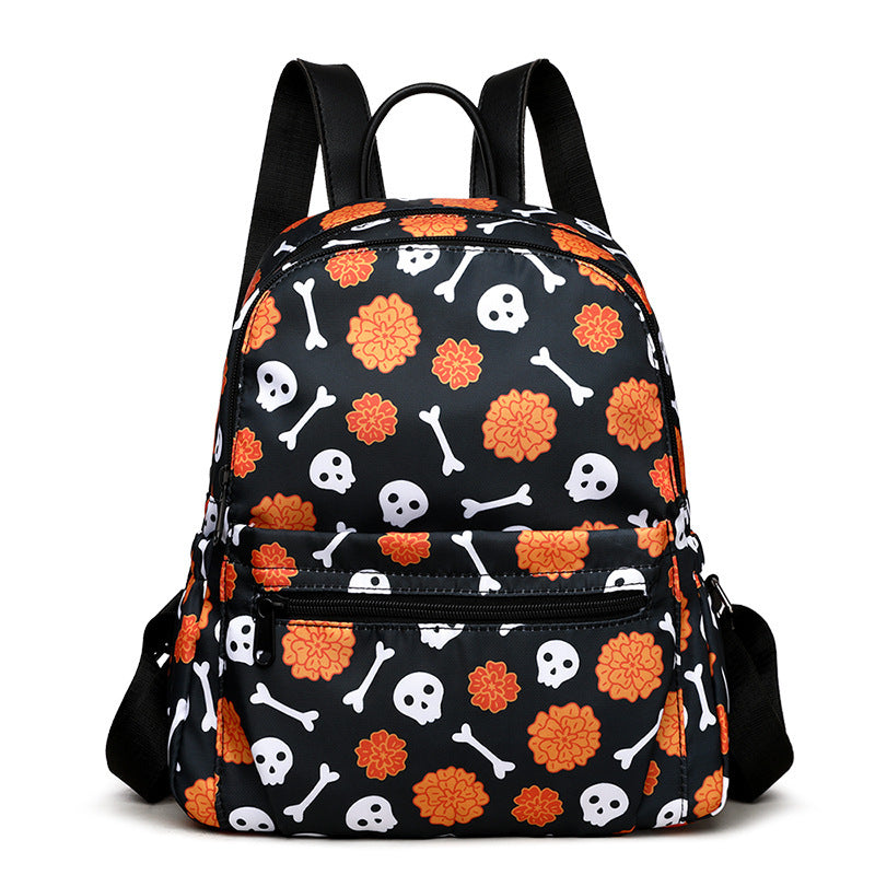 Waterproof Large Capacity Halloween Skull Backpack for Women with Multi-pocket Design and Zipper Closure