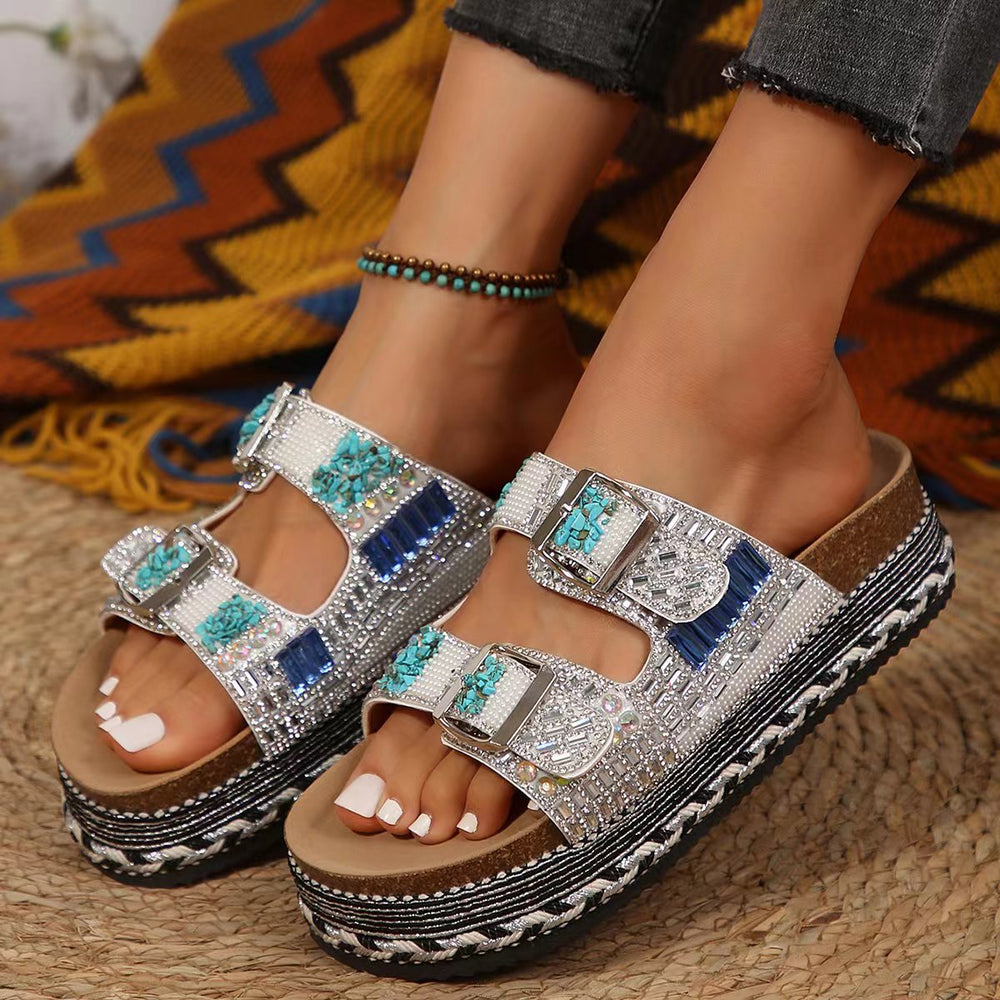 Rhinestone-Embellished Cork Beach Slides with Thick Bottom Hemp Rope and Double Buckles