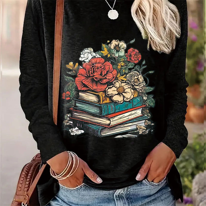 Casual Printed Round Neck Long Sleeve T-shirt for Women in Spring and Autumn