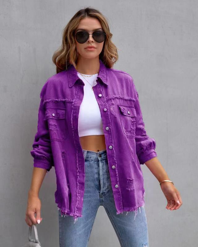 Stylish Ripped Button-Up Jacket for Women - Casual Spring and Autumn Tops