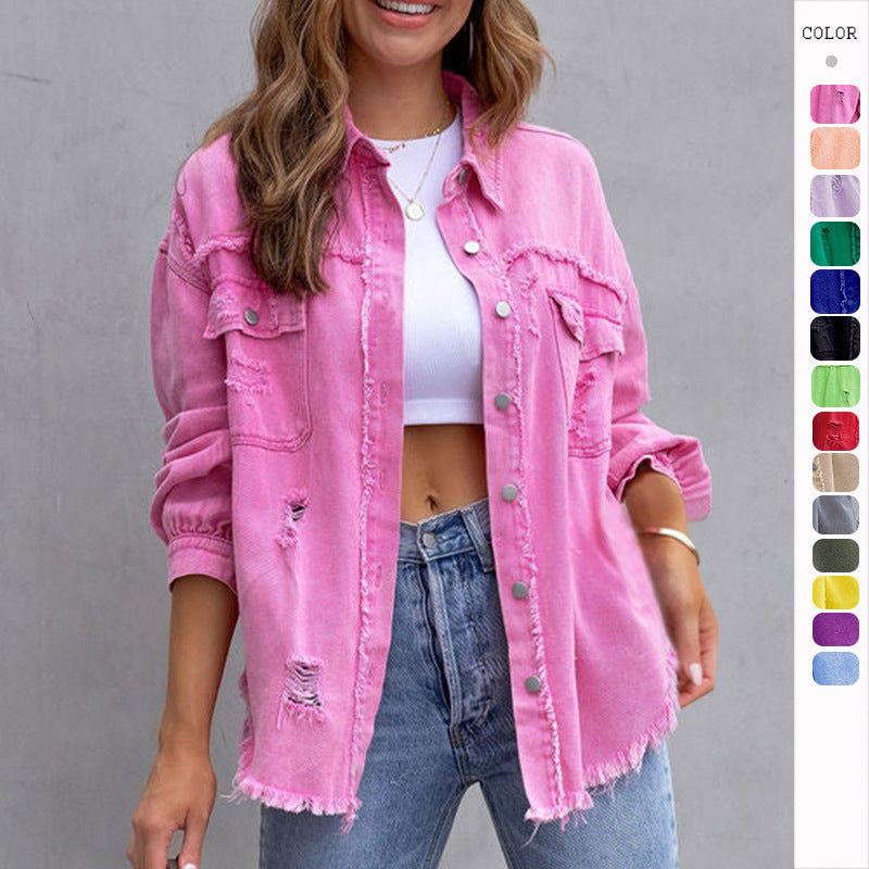 Stylish Ripped Button-Up Jacket for Women - Casual Spring and Autumn Tops