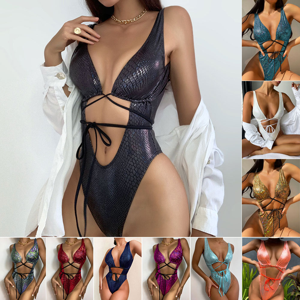 Strappy Lace-Up Women's One Piece Swimsuit with Chest Pads and PU Leather Fabric