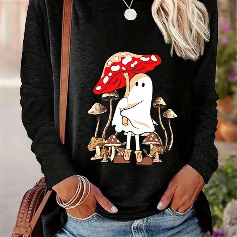 Casual Long Sleeve Round Neck T-Shirt for Women with Simple Spring and Autumn Patterns