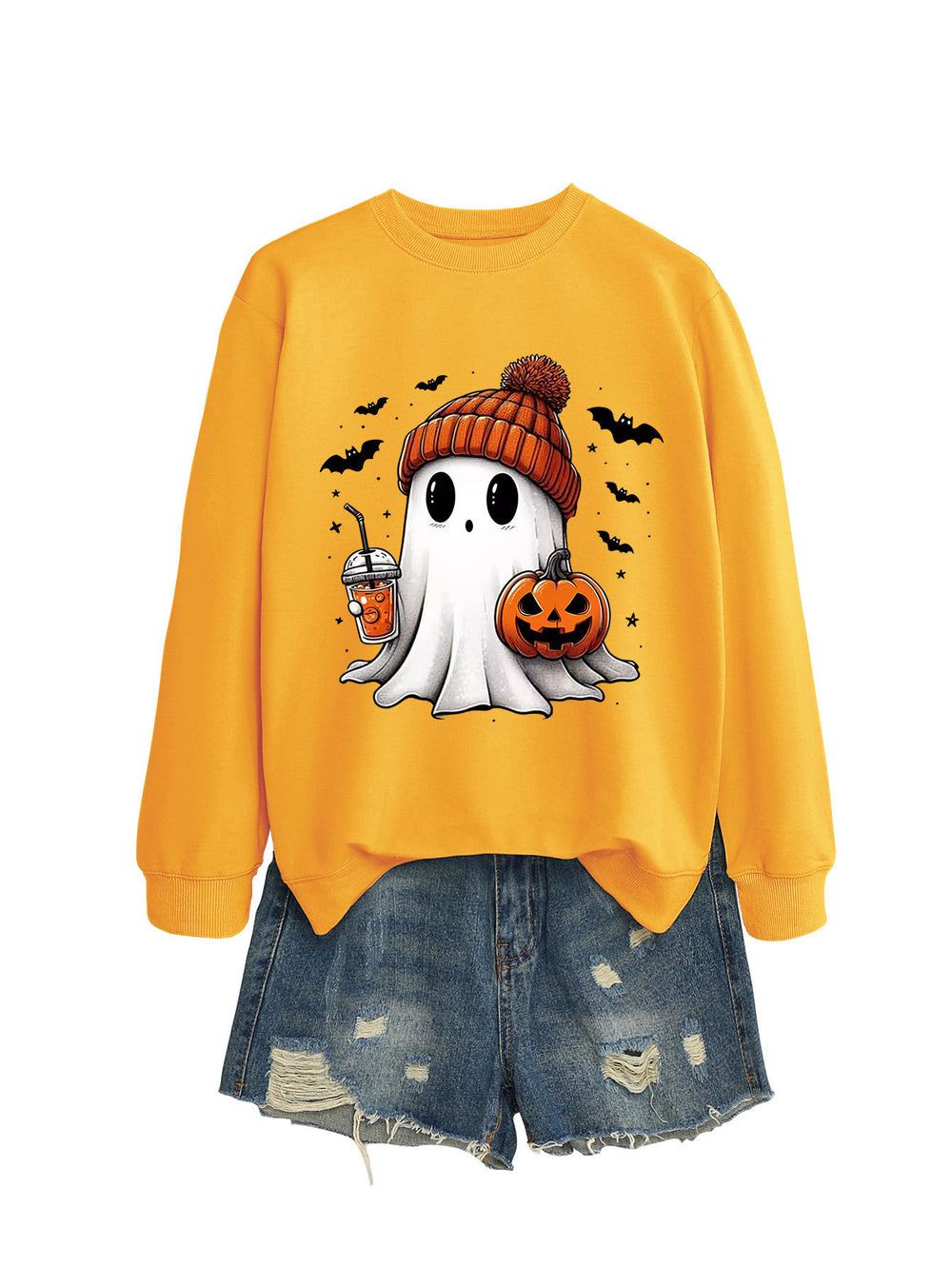 Cozy Long Sleeve Pumpkin Bat Print Crew Neck Sweatshirt in Multiple Colors