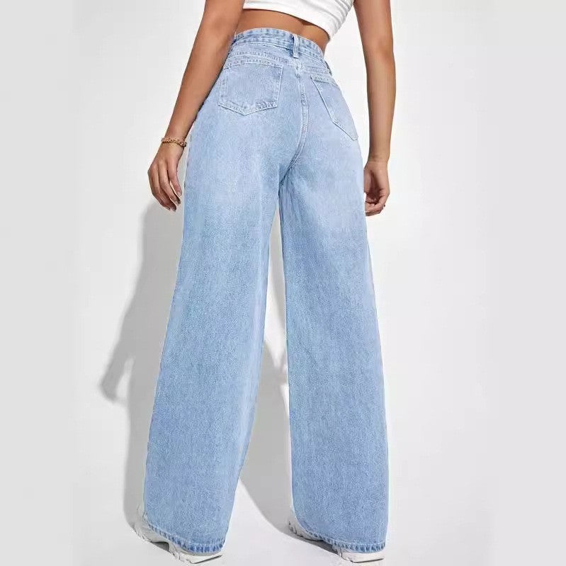 High-Waisted Slim Straight Jeans for Women - Light Blue Casual Style