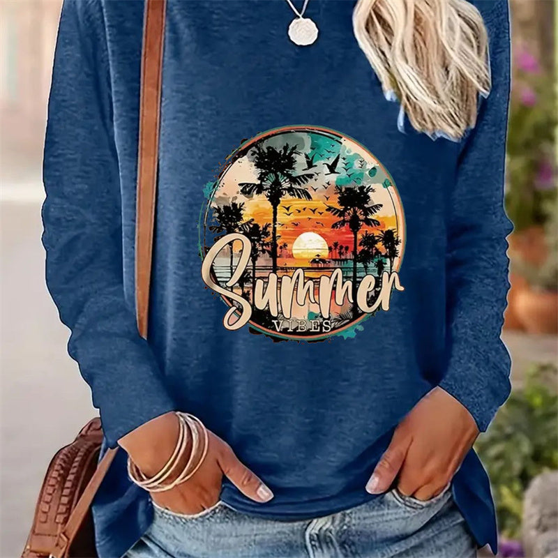 T-shirt casual stampata a maniche lunghe con scollo tondo per donna - Collezione primavera e autunno 