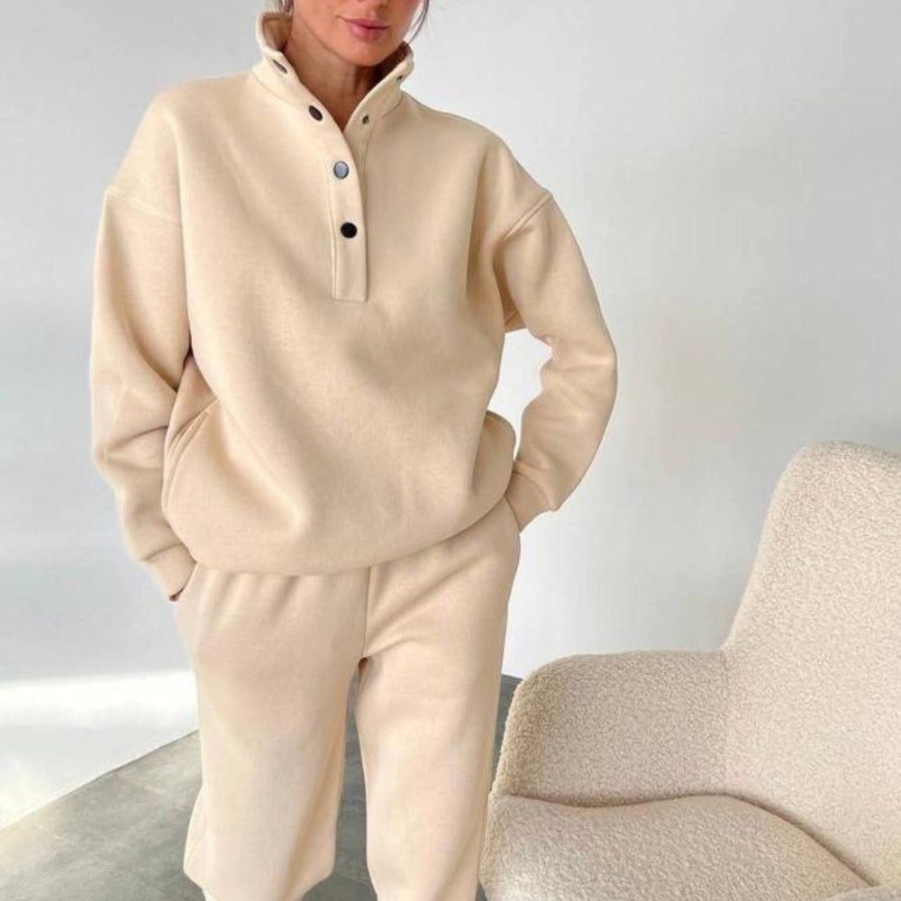 Casual Oversized 2-Piece Tracksuit Set for Women - Warm Solid Color Hoodie and Long Pants