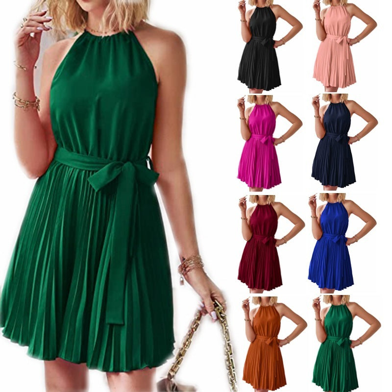 Hanging Neck Midi Dresses with Pleated Skirt for Women - Solid Color Summer Sundress