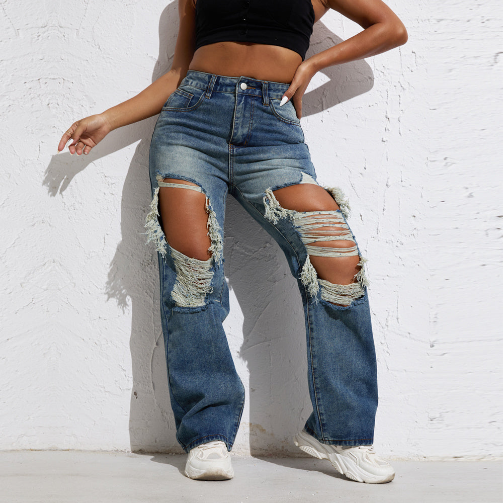 Women’s Retro Blue Wash Ripped Straight Leg Denim Jeans - Shascullfites Wide Streetwear Pants