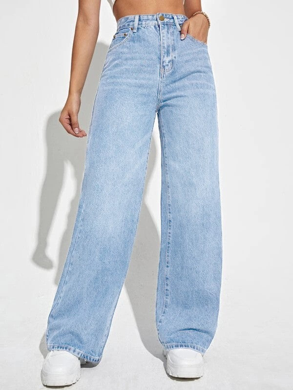 High-Waisted Slim Straight Jeans for Women - Light Blue Casual Style