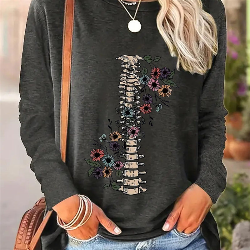 Lässiges Rundhals-Langarm-T-Shirt für Damen mit Frühlings- und Herbstmustern 