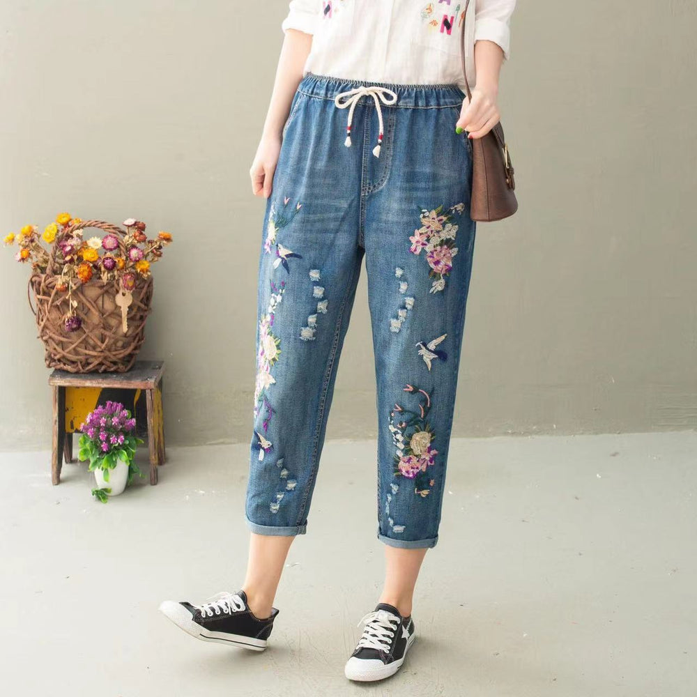 Chic High-Waisted Loose Fit Cropped Denim Jeans for Women