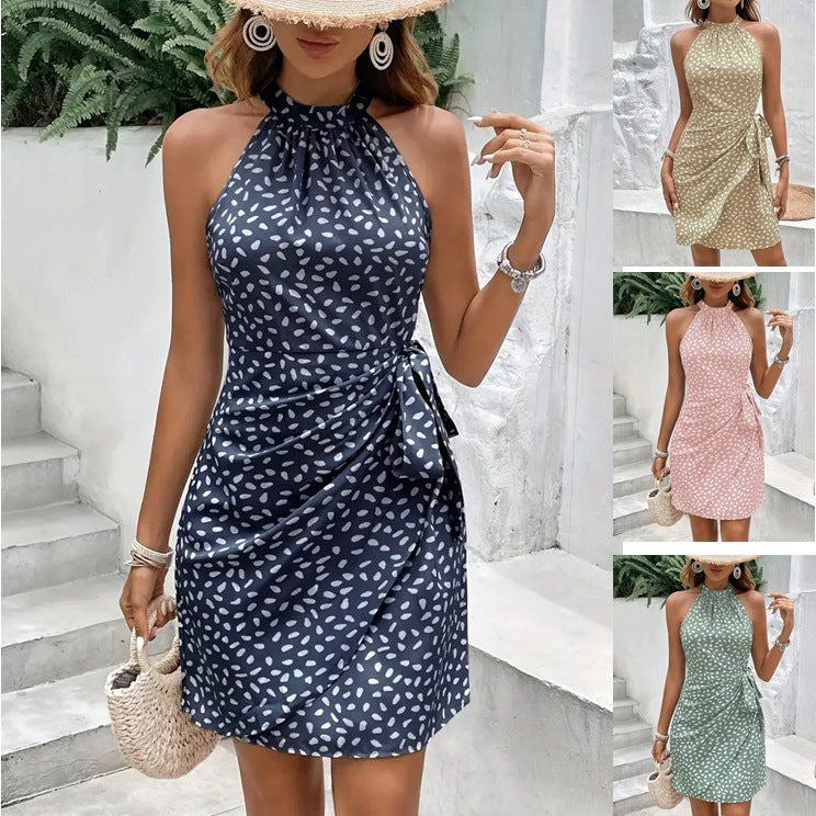 Shivering Dots Halterneck Summer Dress for Women - Chic Floral Print and Waist Tie