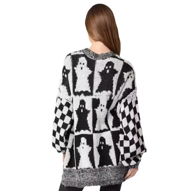 Halloween-Themed Women's Plaid Crew Neck Pullover Sweater with Ghost Design