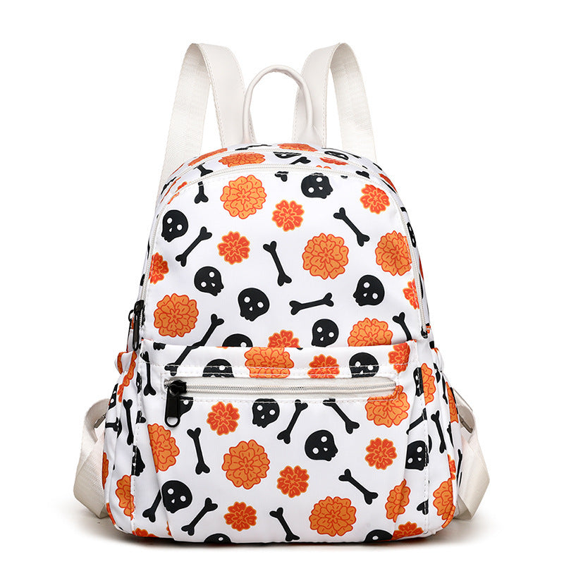 Waterproof Large Capacity Halloween Skull Backpack for Women with Multi-pocket Design and Zipper Closure