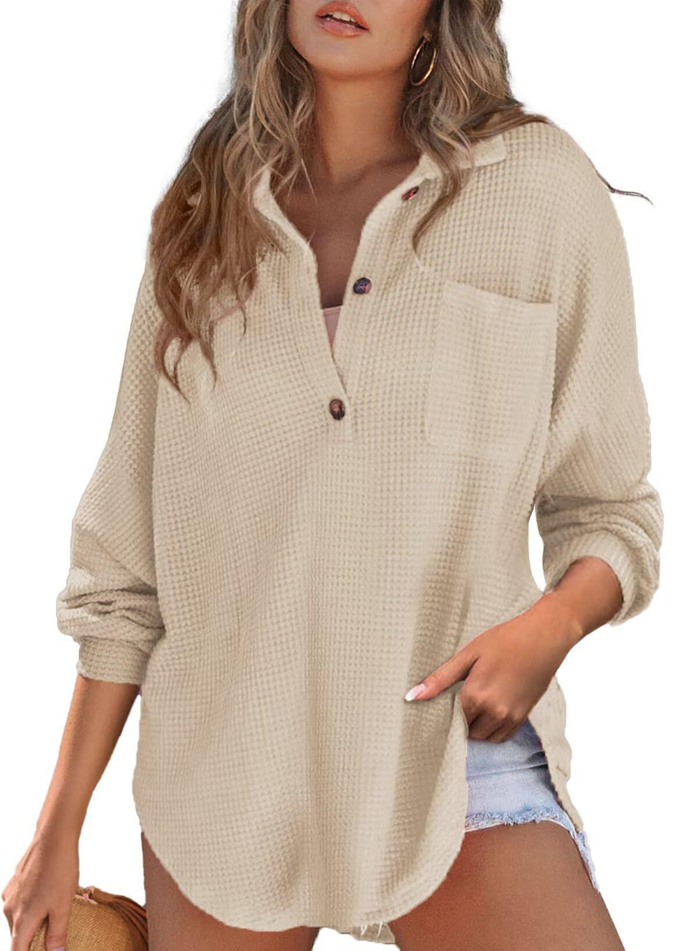 Cozy Women's Loose-Fit Waffle Knit Long Sleeve Pullover Top