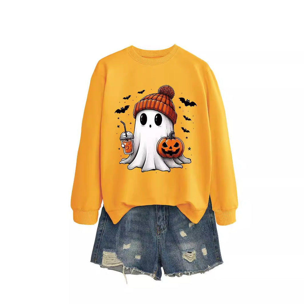 Cozy Long Sleeve Pumpkin Bat Print Crew Neck Sweatshirt in Multiple Colors