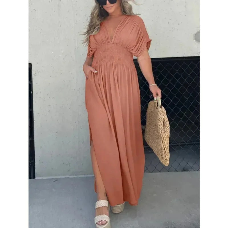 Chic Summer Batwing Sleeve V-neck Slit Dress with Elastic Waist for Women