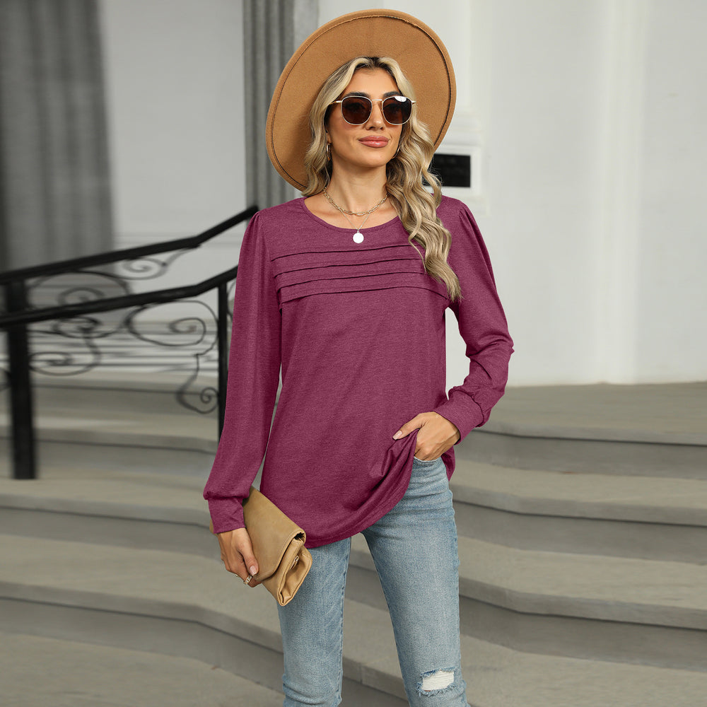 Chic Solid Color U-neck Pleated Long Sleeve Top for Women